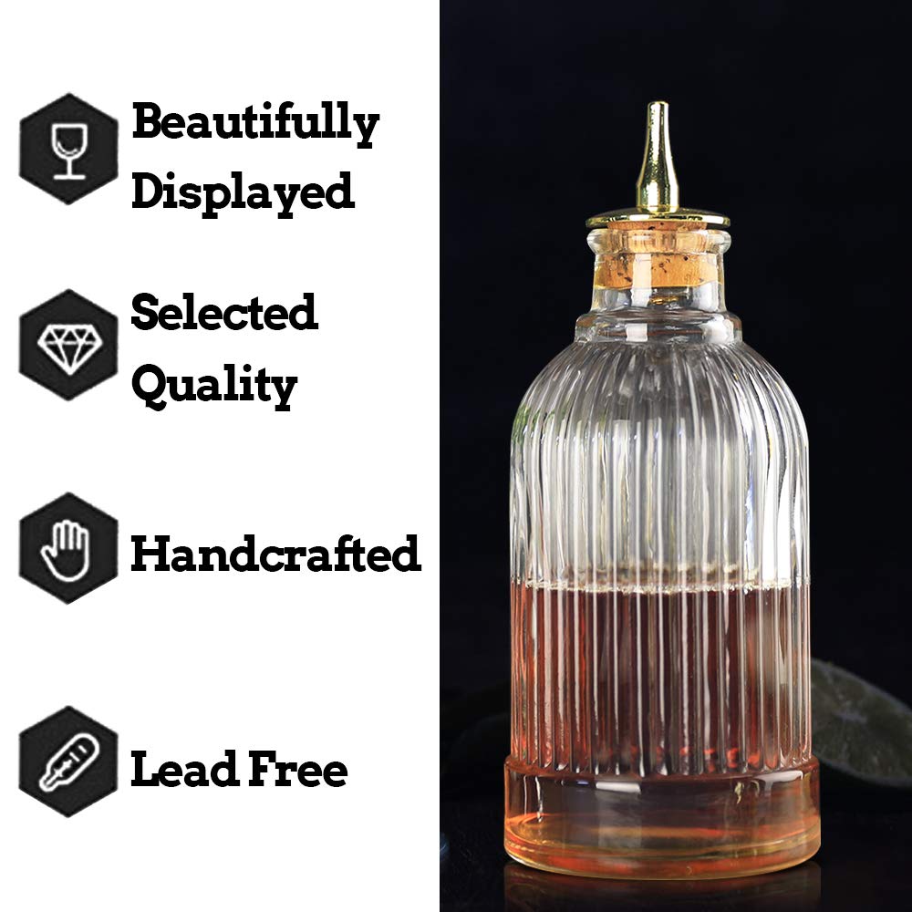 Bitter Bottle - Glass Bitter Bottle  with Gold Plated Dasher Top  Birdcage Design for Professional Mixologist  7oz / 200ml - DSBT0010